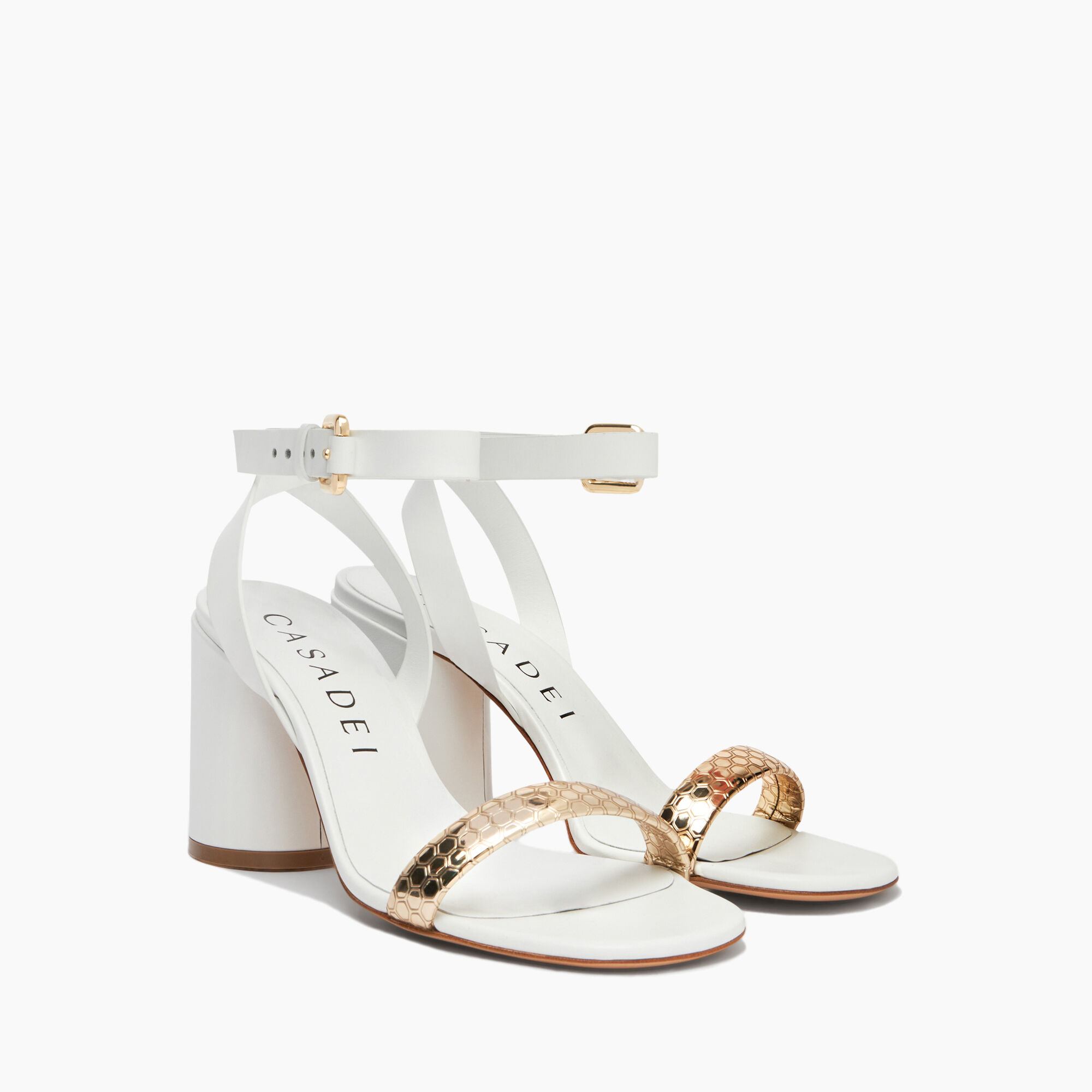 Casadei Atomium Cleo Leather and Platinum Sandals ذهبي وأبيض 1L196X0801T0450