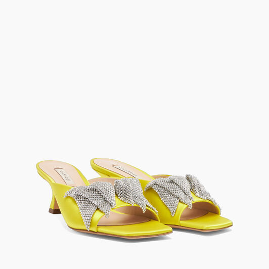 Casadei Butterfly Geraldine Crystal Satin Kitten Mules Citrine 1M324X0501C2330